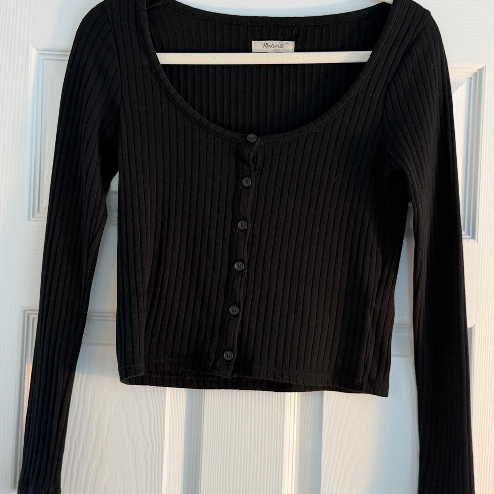 Madewell Black Ribbed Crop Long Sleeve Top